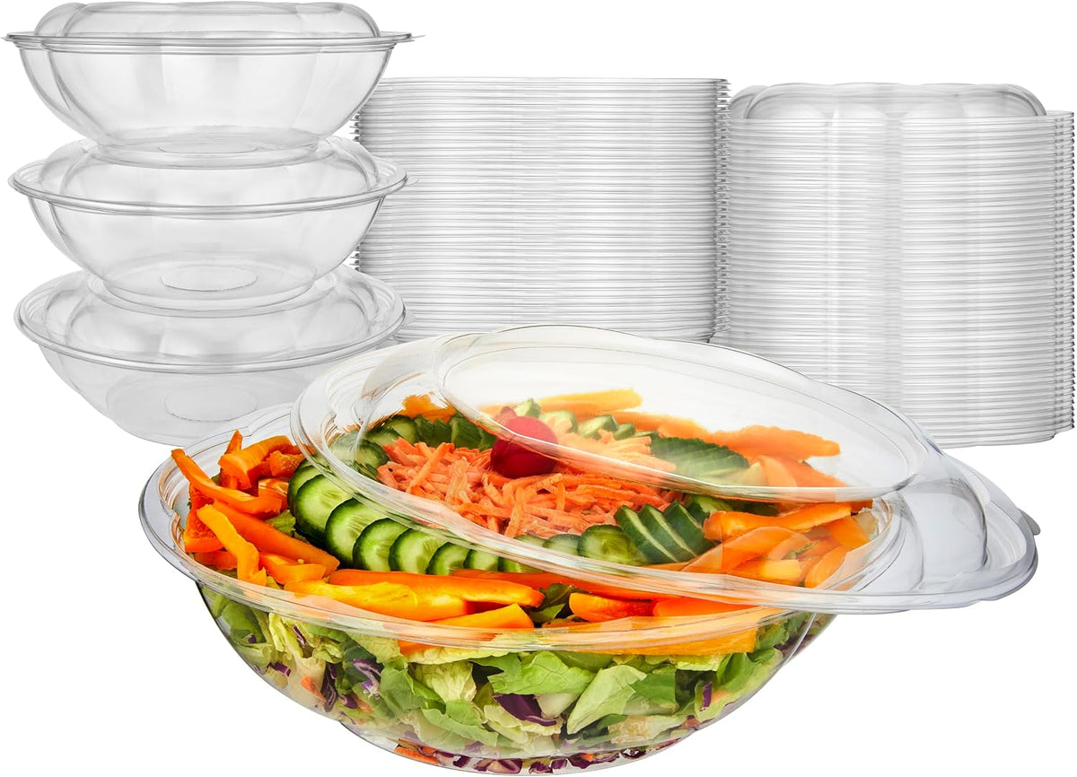 32oz Clear Plastic Salad Bowls with Lids Disposable (50 Pack) Medium Takeout Container with Snap on Lid for Fruit Salads, Quinoa, Lunch and Meal Prep, Acai Bowl, To-Go Party Containers