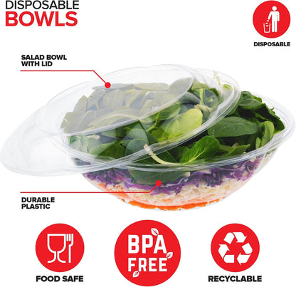 32oz Clear Plastic Salad Bowls with Lids Disposable (50 Pack) Medium Takeout Container with Snap on Lid for Fruit Salads, Quinoa, Lunch and Meal Prep, Acai Bowl, To-Go Party Containers