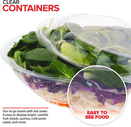 32oz Clear Plastic Salad Bowls with Lids Disposable (50 Pack) Medium Takeout Container with Snap on Lid for Fruit Salads, Quinoa, Lunch and Meal Prep, Acai Bowl, To-Go Party Containers
