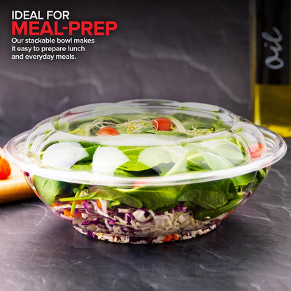 32oz Clear Plastic Salad Bowls with Lids Disposable (50 Pack) Medium Takeout Container with Snap on Lid for Fruit Salads, Quinoa, Lunch and Meal Prep, Acai Bowl, To-Go Party Containers