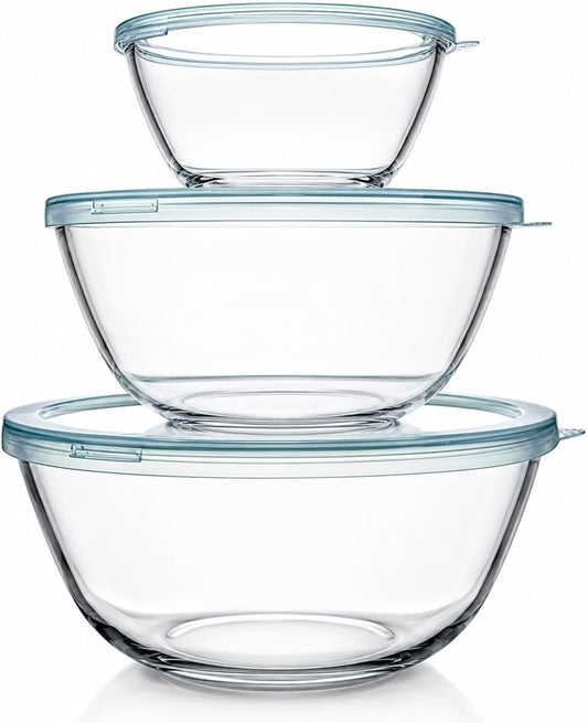 Glass Mixing Bowls with Lids Set(4.5QT, 2.7QT, 1.1QT)-Large Glass Mixing Bowls, Clear Salad Bowl for Baking, Cooking, Serving, Food Prep, 3PC Nesting Bowls for Kitchen Storage & Dishwasher Safe