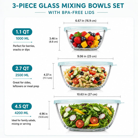 Glass Mixing Bowls with Lids Set(4.5QT, 2.7QT, 1.1QT)-Large Glass Mixing Bowls, Clear Salad Bowl for Baking, Cooking, Serving, Food Prep, 3PC Nesting Bowls for Kitchen Storage & Dishwasher Safe