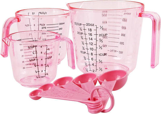 Pink Plastic Measuring cup Measuring spoon Set: 3 Stackable Liquid Measuring Cups 150/300/600ml and 5 Spoons 1.25-15ml, Used to Create Pink Kitchen Themes, Baking, Cooking