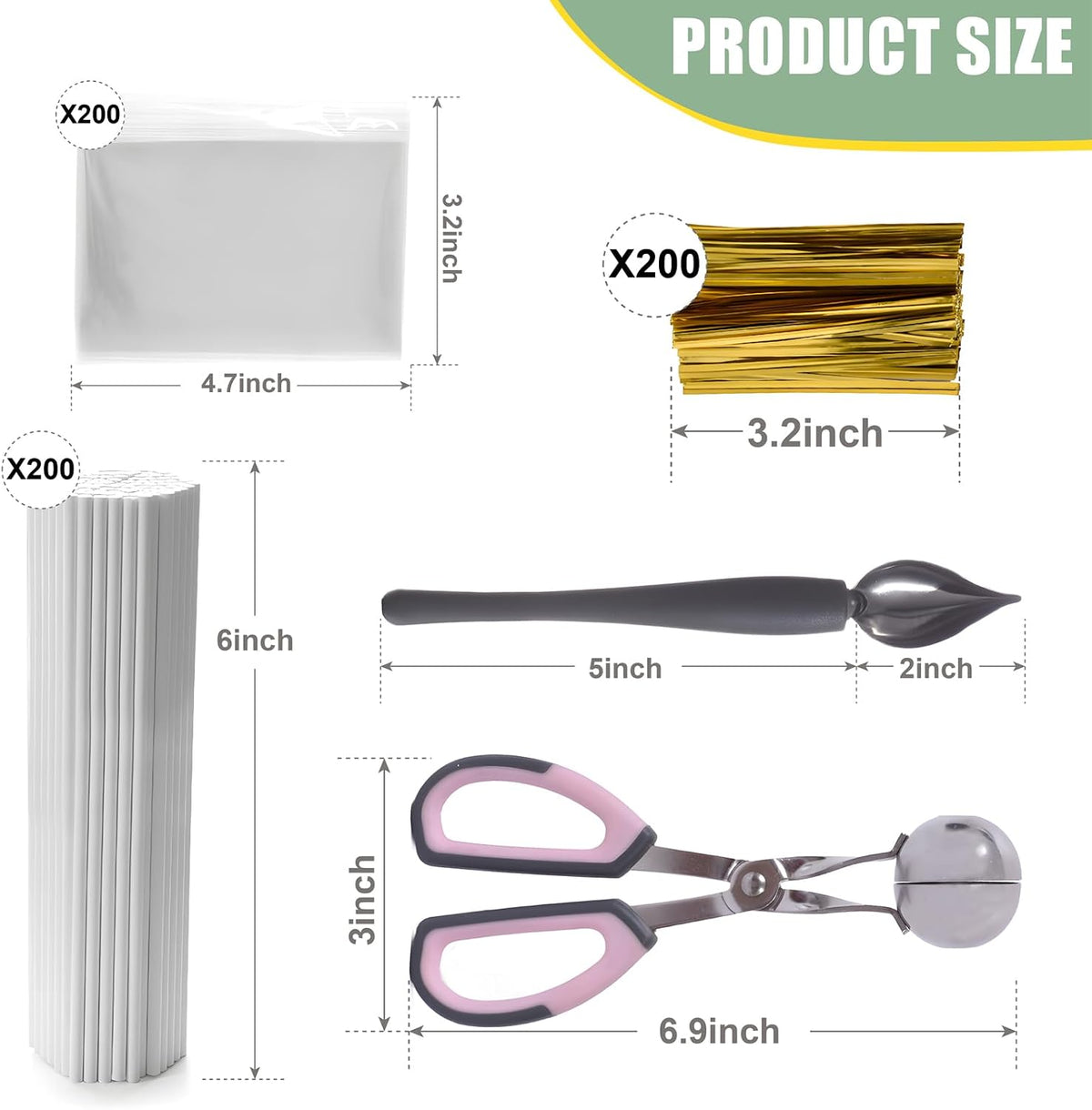 Cake Pop Kit Including 200 pcs 6 inch Lollipop Sticks and 200 Clear Wrappers, 35 Hole Clear Acrylic Display Stand, Metal Baller Scoop, Culinary Decorating Scooper, 200 pcsTwist Ties