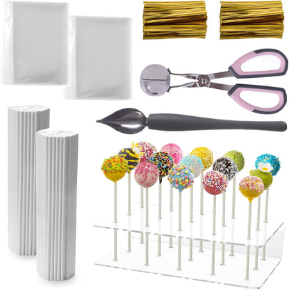 Cake Pop Kit Including 200 pcs 6 inch Lollipop Sticks and 200 Clear Wrappers, 35 Hole Clear Acrylic Display Stand, Metal Baller Scoop, Culinary Decorating Scooper, 200 pcsTwist Ties