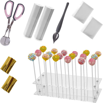 Cake Pop Kit Including 200 pcs 6 inch Lollipop Sticks and 200 Clear Wrappers, 35 Hole Clear Acrylic Display Stand, Metal Baller Scoop, Culinary Decorating Scooper, 200 pcsTwist Ties