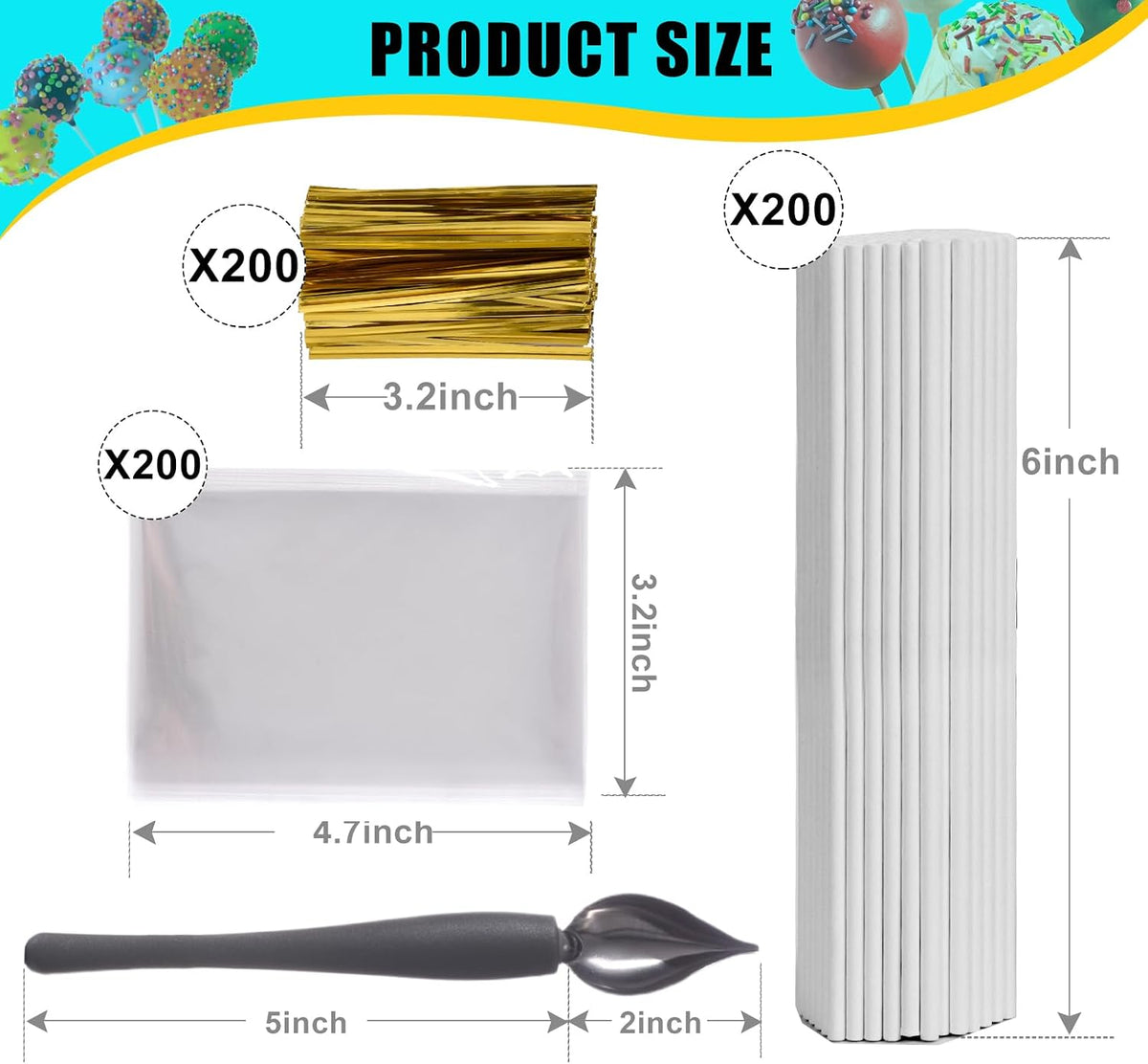 Cake Pop Kit Including 200 pcs 6 inch Lollipop Sticks and 200 Clear Wrappers, 35 Hole Clear Acrylic Display Stand, Metal Baller Scoop, Culinary Decorating Scooper, 200 pcsTwist Ties