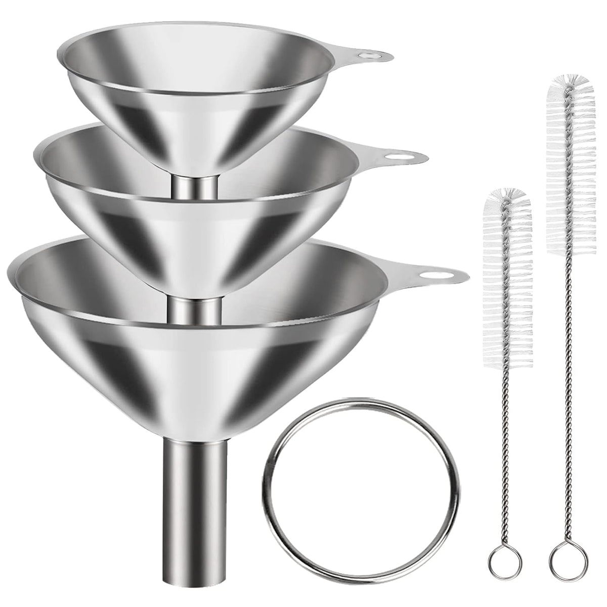 6 Pcs Stainless Steel Mini Funnels for Kitchen use. Large Tiny Small Funnel Set of 3, Metal Cooking Powder Food Grade Flask Funnels for Filling Bottles Liquor Water Spice, 2Pcs Cleaning Brushes