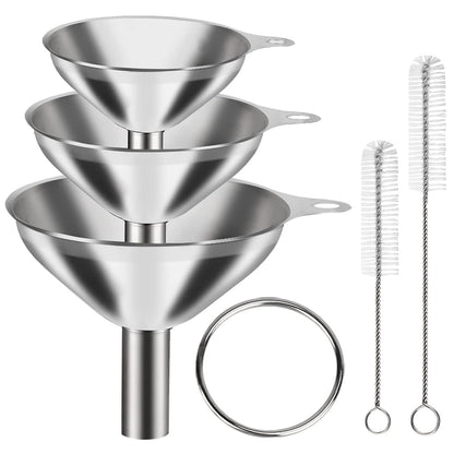 6 Pcs Stainless Steel Mini Funnels for Kitchen use. Large Tiny Small Funnel Set of 3, Metal Cooking Powder Food Grade Flask Funnels for Filling Bottles Liquor Water Spice, 2Pcs Cleaning Brushes
