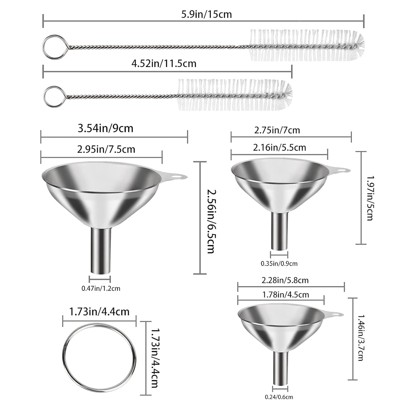 6 Pcs Stainless Steel Mini Funnels for Kitchen use. Large Tiny Small Funnel Set of 3, Metal Cooking Powder Food Grade Flask Funnels for Filling Bottles Liquor Water Spice, 2Pcs Cleaning Brushes