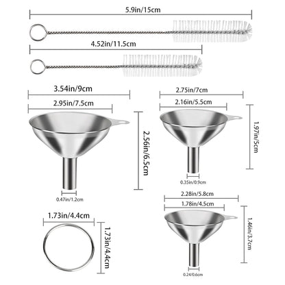 6 Pcs Stainless Steel Mini Funnels for Kitchen use. Large Tiny Small Funnel Set of 3, Metal Cooking Powder Food Grade Flask Funnels for Filling Bottles Liquor Water Spice, 2Pcs Cleaning Brushes