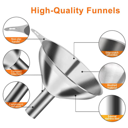 6 Pcs Stainless Steel Mini Funnels for Kitchen use. Large Tiny Small Funnel Set of 3, Metal Cooking Powder Food Grade Flask Funnels for Filling Bottles Liquor Water Spice, 2Pcs Cleaning Brushes