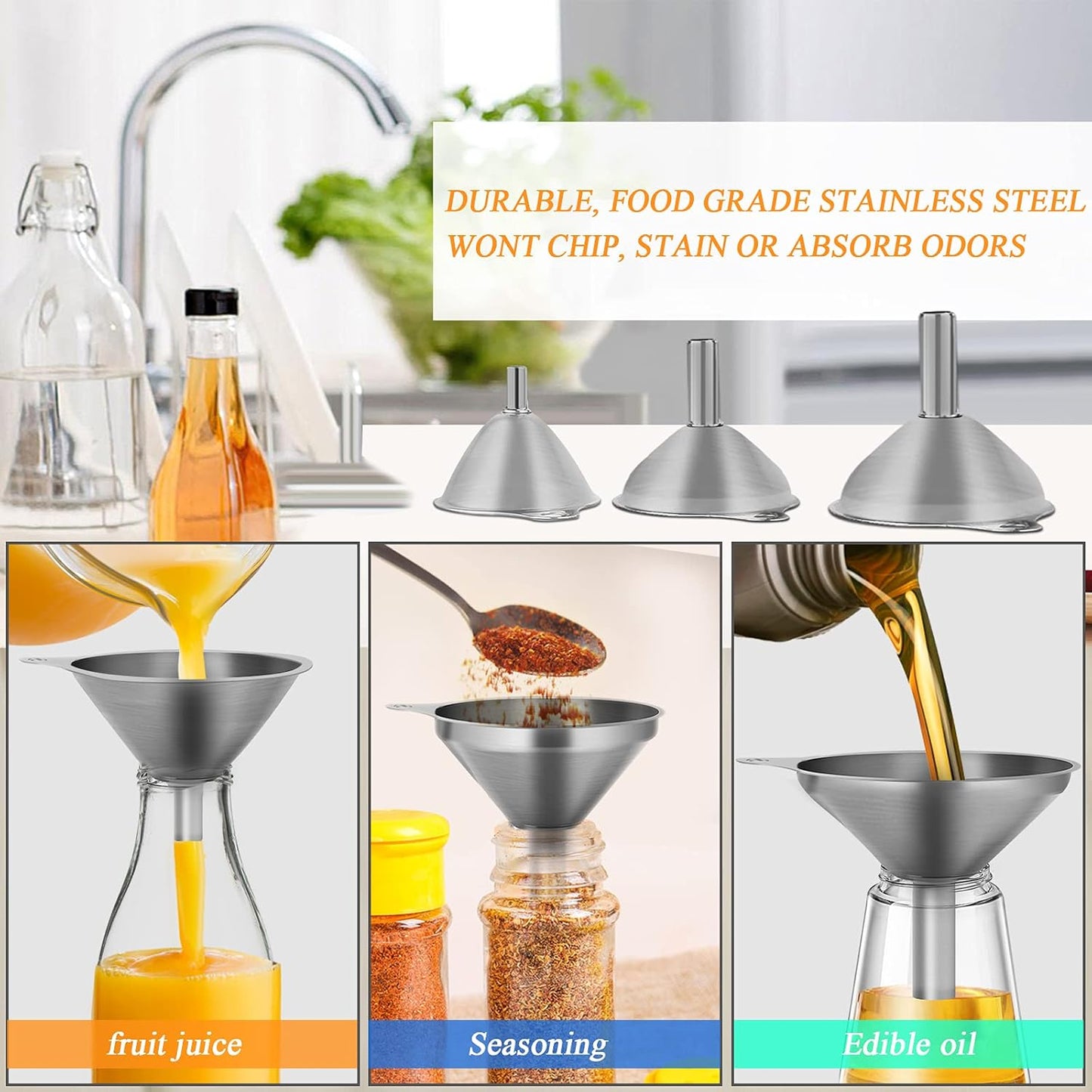 6 Pcs Stainless Steel Mini Funnels for Kitchen use. Large Tiny Small Funnel Set of 3, Metal Cooking Powder Food Grade Flask Funnels for Filling Bottles Liquor Water Spice, 2Pcs Cleaning Brushes