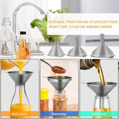 6 Pcs Stainless Steel Mini Funnels for Kitchen use. Large Tiny Small Funnel Set of 3, Metal Cooking Powder Food Grade Flask Funnels for Filling Bottles Liquor Water Spice, 2Pcs Cleaning Brushes
