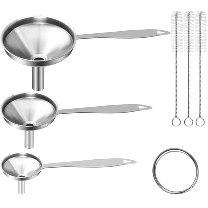 6 Pcs Stainless Steel Mini Funnels for Kitchen use. Large Tiny Small Funnel Set of 3, Metal Cooking Powder Food Grade Flask Funnels for Filling Bottles Liquor Water Spice, 2Pcs Cleaning Brushes