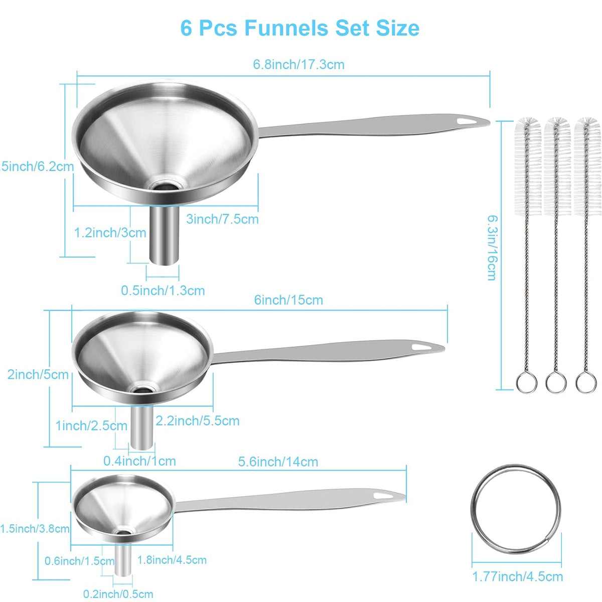 6 Pcs Stainless Steel Mini Funnels for Kitchen use. Large Tiny Small Funnel Set of 3, Metal Cooking Powder Food Grade Flask Funnels for Filling Bottles Liquor Water Spice, 2Pcs Cleaning Brushes