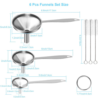 6 Pcs Stainless Steel Mini Funnels for Kitchen use. Large Tiny Small Funnel Set of 3, Metal Cooking Powder Food Grade Flask Funnels for Filling Bottles Liquor Water Spice, 2Pcs Cleaning Brushes