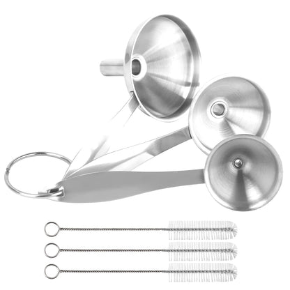 6 Pcs Stainless Steel Mini Funnels for Kitchen use. Large Tiny Small Funnel Set of 3, Metal Cooking Powder Food Grade Flask Funnels for Filling Bottles Liquor Water Spice, 2Pcs Cleaning Brushes