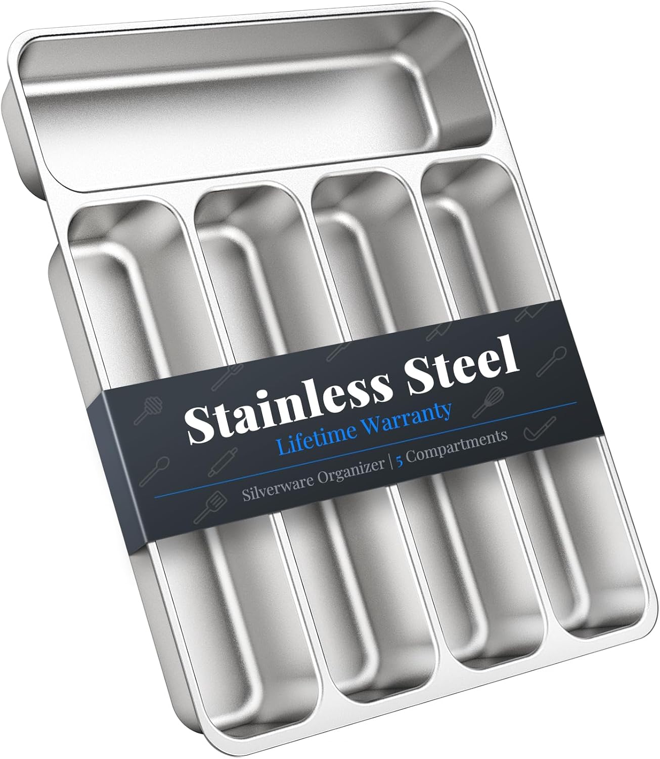 IKOCO Silverware Organizer, Stainless Steel, Dishwasher Safe for Drawer | 13.8" x 11.4" x 1.6", Rust-Resistant & Non-Absorbent, 5-Compartment, Holds Spoons/Forks/Knives