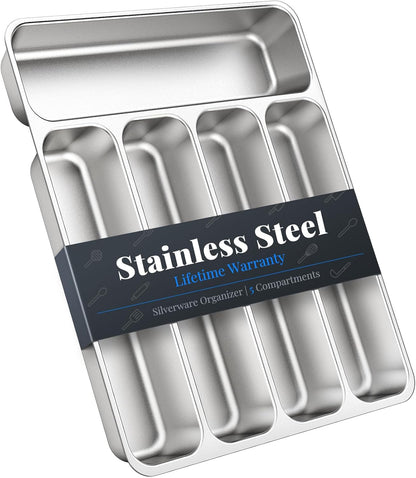 IKOCO Silverware Organizer, Stainless Steel, Dishwasher Safe for Drawer | 13.8" x 11.4" x 1.6", Rust-Resistant & Non-Absorbent, 5-Compartment, Holds Spoons/Forks/Knives