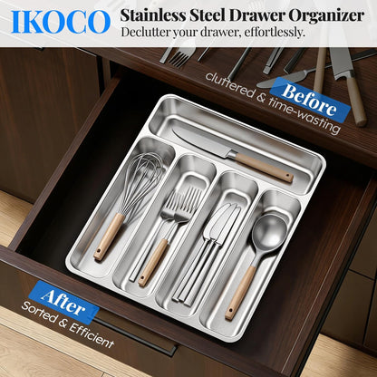 IKOCO Silverware Organizer, Stainless Steel, Dishwasher Safe for Drawer | 13.8" x 11.4" x 1.6", Rust-Resistant & Non-Absorbent, 5-Compartment, Holds Spoons/Forks/Knives