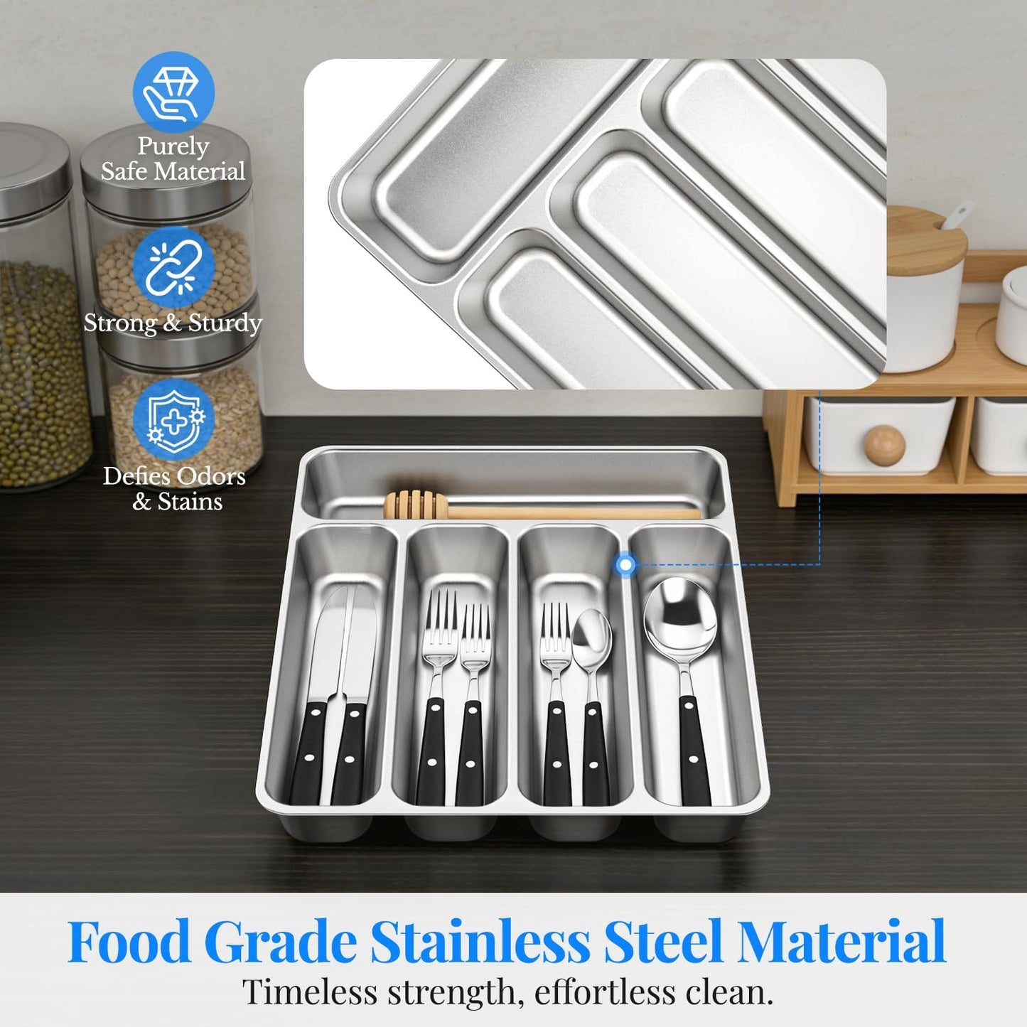 IKOCO Silverware Organizer, Stainless Steel, Dishwasher Safe for Drawer | 13.8" x 11.4" x 1.6", Rust-Resistant & Non-Absorbent, 5-Compartment, Holds Spoons/Forks/Knives