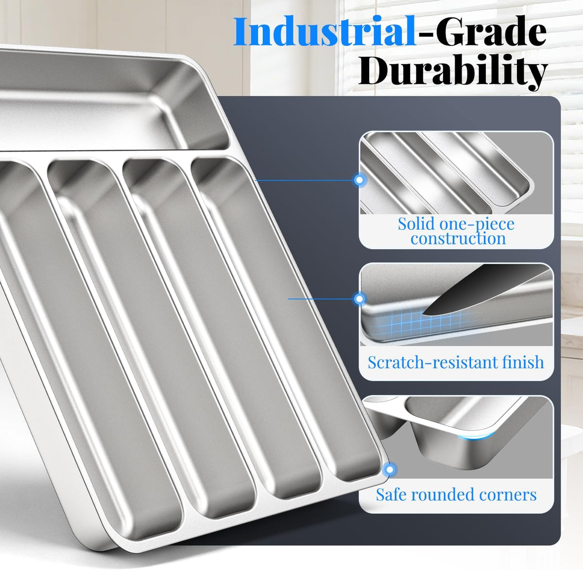 IKOCO Silverware Organizer, Stainless Steel, Dishwasher Safe for Drawer | 13.8" x 11.4" x 1.6", Rust-Resistant & Non-Absorbent, 5-Compartment, Holds Spoons/Forks/Knives