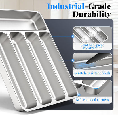 IKOCO Silverware Organizer, Stainless Steel, Dishwasher Safe for Drawer | 13.8" x 11.4" x 1.6", Rust-Resistant & Non-Absorbent, 5-Compartment, Holds Spoons/Forks/Knives
