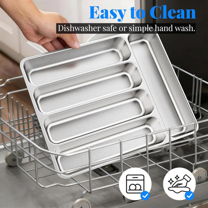 IKOCO Silverware Organizer, Stainless Steel, Dishwasher Safe for Drawer | 13.8" x 11.4" x 1.6", Rust-Resistant & Non-Absorbent, 5-Compartment, Holds Spoons/Forks/Knives