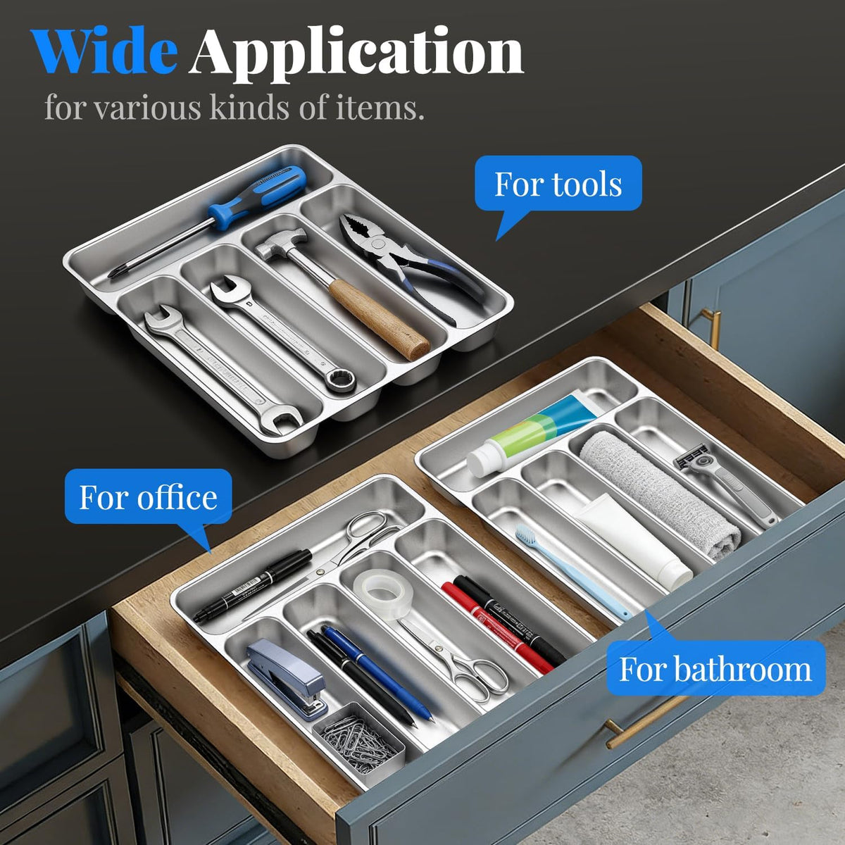 IKOCO Silverware Organizer, Stainless Steel, Dishwasher Safe for Drawer | 13.8" x 11.4" x 1.6", Rust-Resistant & Non-Absorbent, 5-Compartment, Holds Spoons/Forks/Knives