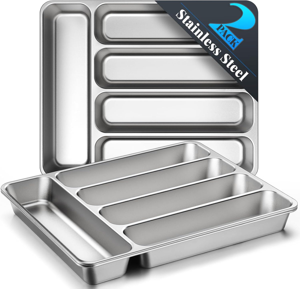 IKOCO Silverware Organizer, Stainless Steel, Dishwasher Safe for Drawer | 13.8" x 11.4" x 1.6", Rust-Resistant & Non-Absorbent, 5-Compartment, Holds Spoons/Forks/Knives