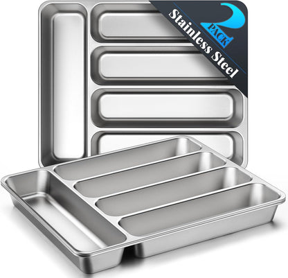 IKOCO Silverware Organizer, Stainless Steel, Dishwasher Safe for Drawer | 13.8" x 11.4" x 1.6", Rust-Resistant & Non-Absorbent, 5-Compartment, Holds Spoons/Forks/Knives