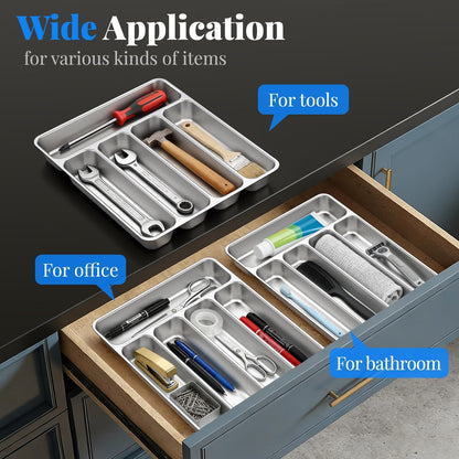 IKOCO Silverware Organizer, Stainless Steel, Dishwasher Safe for Drawer | 13.8" x 11.4" x 1.6", Rust-Resistant & Non-Absorbent, 5-Compartment, Holds Spoons/Forks/Knives