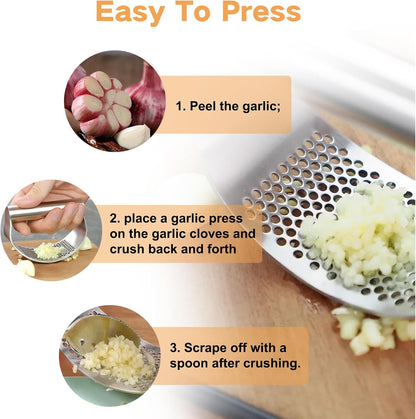 316 Stainless Steel Garlic Press Rocker, Ergonomic Garlic Crusher with Handle, Heavy Duty Dishwasher Safe Garlic Mincer, Rust Proof Kitchen Tool for Ginger, Herbs