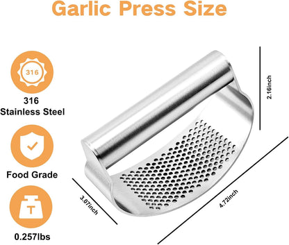 316 Stainless Steel Garlic Press Rocker, Ergonomic Garlic Crusher with Handle, Heavy Duty Dishwasher Safe Garlic Mincer, Rust Proof Kitchen Tool for Ginger, Herbs