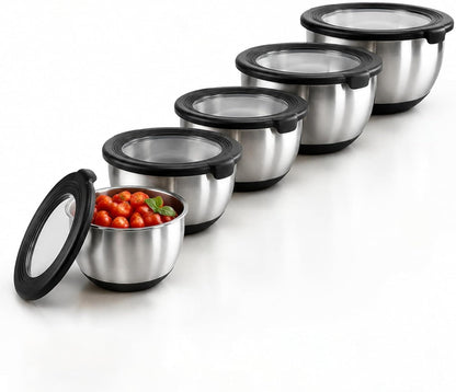 Stainless Steel Mixing Bowls with Lids – Set of 5 Large Nesting Metal Bowls for Kitchen, Baking, Cooking, Food Prep & Storage, Non-Slip Base, Dishwasher Safe,Khaki