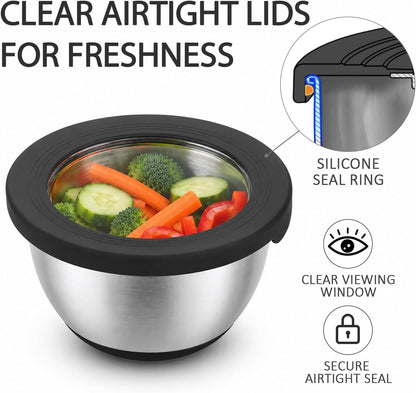 Stainless Steel Mixing Bowls with Lids – Set of 5 Large Nesting Metal Bowls for Kitchen, Baking, Cooking, Food Prep & Storage, Non-Slip Base, Dishwasher Safe,Khaki