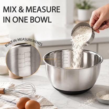 Stainless Steel Mixing Bowls with Lids – Set of 5 Large Nesting Metal Bowls for Kitchen, Baking, Cooking, Food Prep & Storage, Non-Slip Base, Dishwasher Safe,Khaki