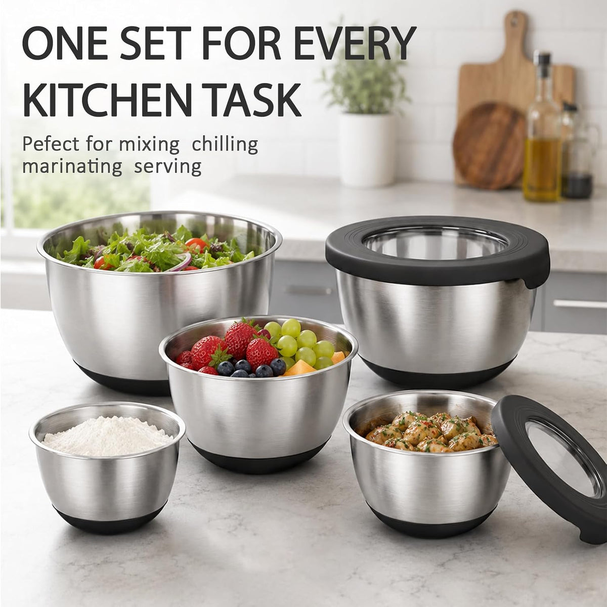 Stainless Steel Mixing Bowls with Lids – Set of 5 Large Nesting Metal Bowls for Kitchen, Baking, Cooking, Food Prep & Storage, Non-Slip Base, Dishwasher Safe,Khaki
