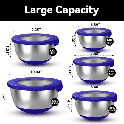 Stainless Steel Mixing Bowls with Lids – Set of 5 Large Nesting Metal Bowls for Kitchen, Baking, Cooking, Food Prep & Storage, Non-Slip Base, Dishwasher Safe,Khaki