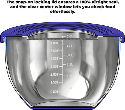 Stainless Steel Mixing Bowls with Lids – Set of 5 Large Nesting Metal Bowls for Kitchen, Baking, Cooking, Food Prep & Storage, Non-Slip Base, Dishwasher Safe,Khaki