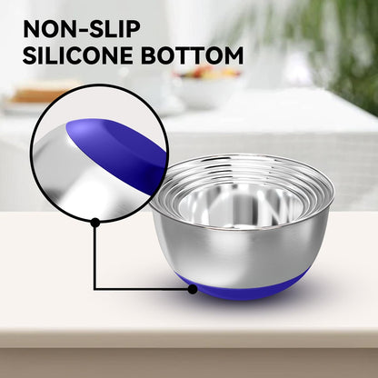 Stainless Steel Mixing Bowls with Lids – Set of 5 Large Nesting Metal Bowls for Kitchen, Baking, Cooking, Food Prep & Storage, Non-Slip Base, Dishwasher Safe,Khaki