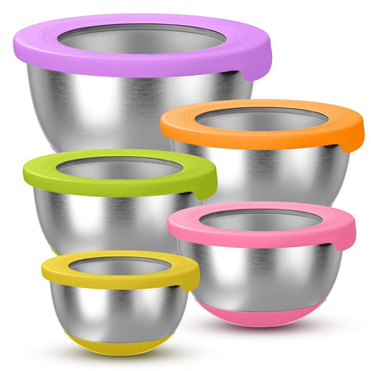 Stainless Steel Mixing Bowls with Lids – Set of 5 Large Nesting Metal Bowls for Kitchen, Baking, Cooking, Food Prep & Storage, Non-Slip Base, Dishwasher Safe,Khaki