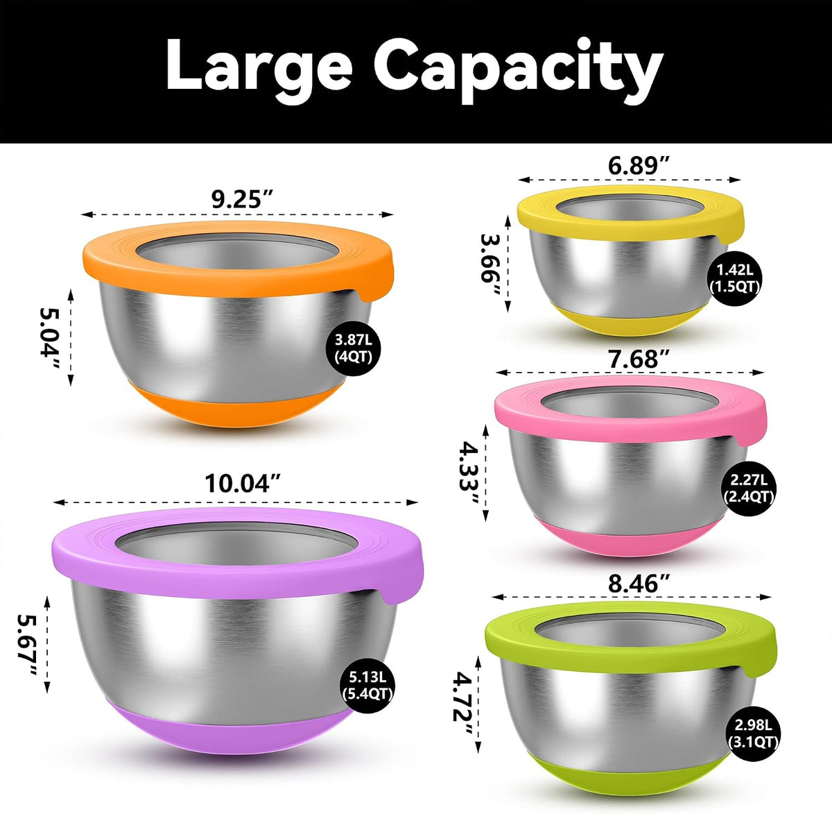 Stainless Steel Mixing Bowls with Lids – Set of 5 Large Nesting Metal Bowls for Kitchen, Baking, Cooking, Food Prep & Storage, Non-Slip Base, Dishwasher Safe,Khaki