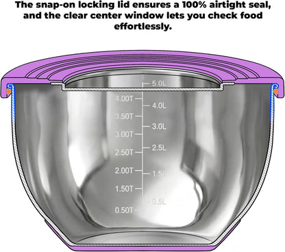 Stainless Steel Mixing Bowls with Lids – Set of 5 Large Nesting Metal Bowls for Kitchen, Baking, Cooking, Food Prep & Storage, Non-Slip Base, Dishwasher Safe,Khaki