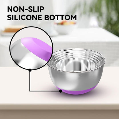 Stainless Steel Mixing Bowls with Lids – Set of 5 Large Nesting Metal Bowls for Kitchen, Baking, Cooking, Food Prep & Storage, Non-Slip Base, Dishwasher Safe,Khaki
