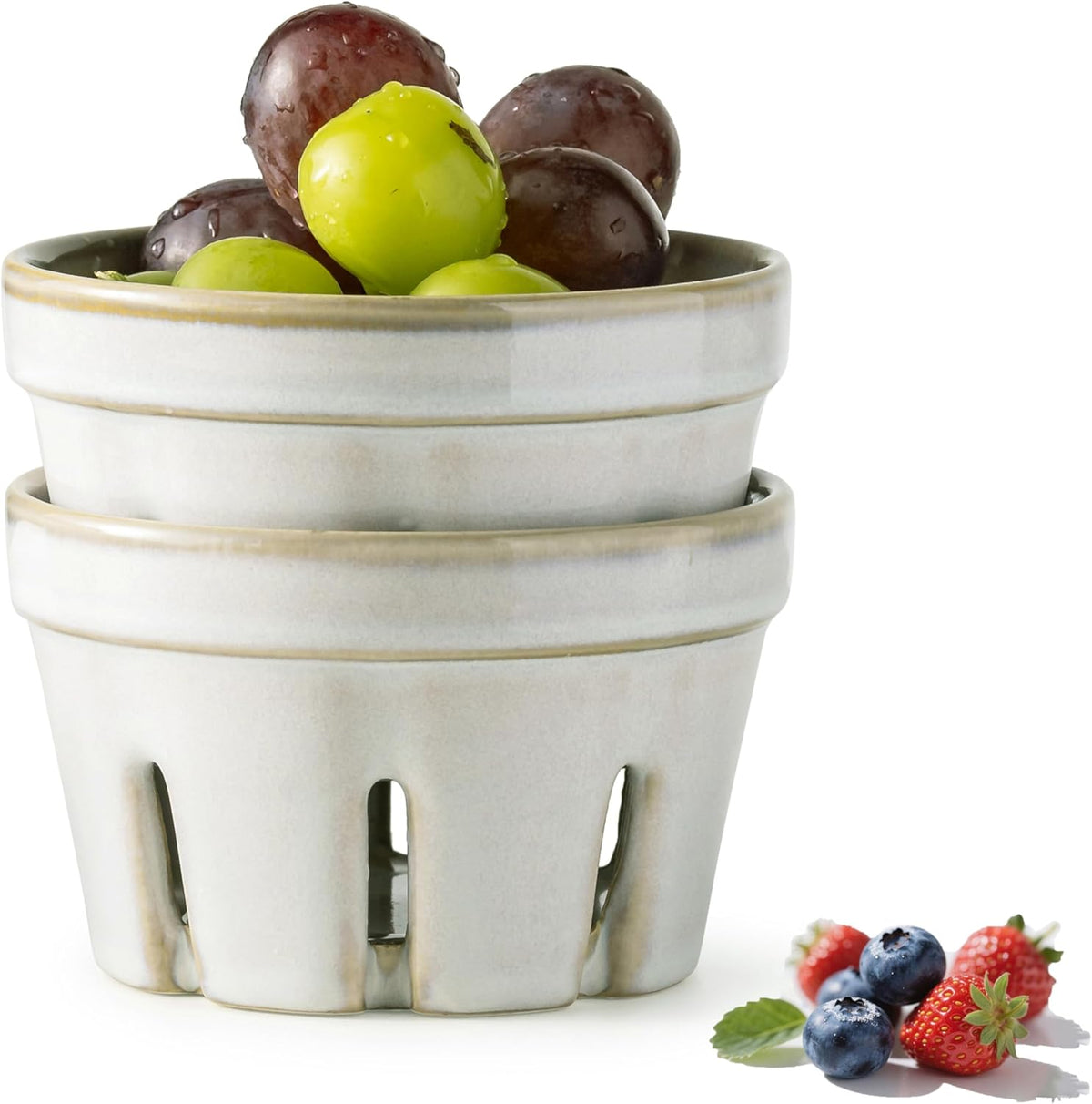 Ceramic Berry Bowl Set of 2, Small Fruit Basket Colanders, White