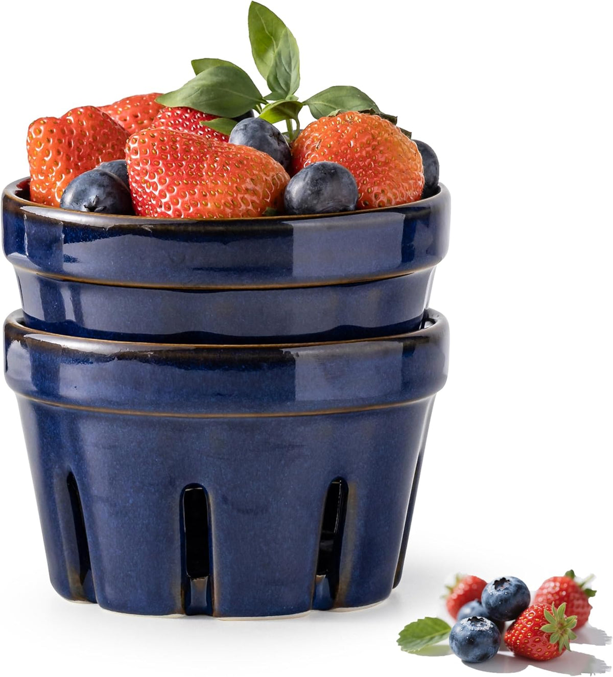 Ceramic Berry Bowl Set of 2, Small Fruit Basket Colanders, White