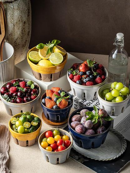Ceramic Berry Bowl Set of 2, Small Fruit Basket Colanders, White