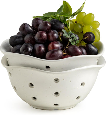 Ceramic Berry Bowl Set of 2, Small Fruit Basket Colanders, White